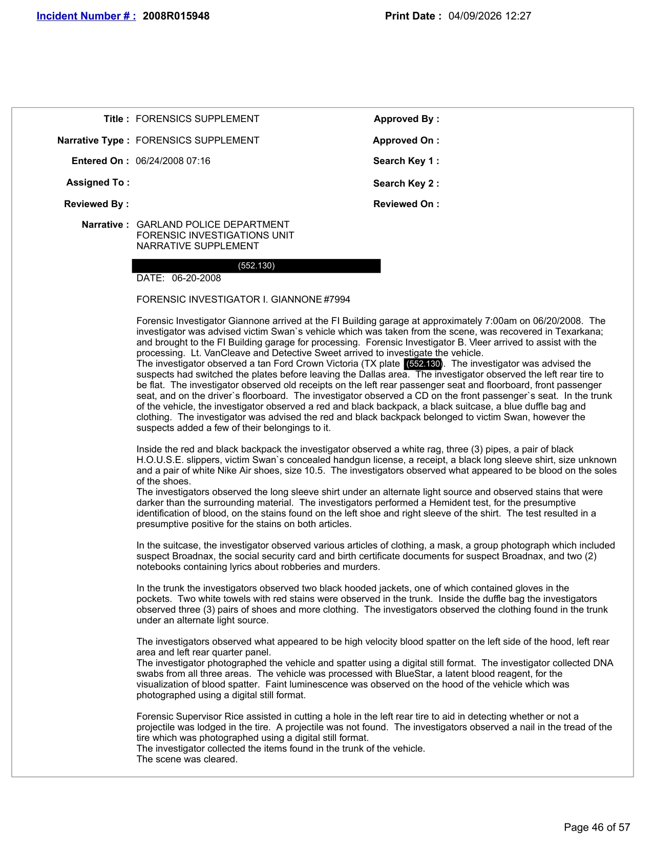 Forensic report of Steve Swan's car after the arrest of James Broadnax